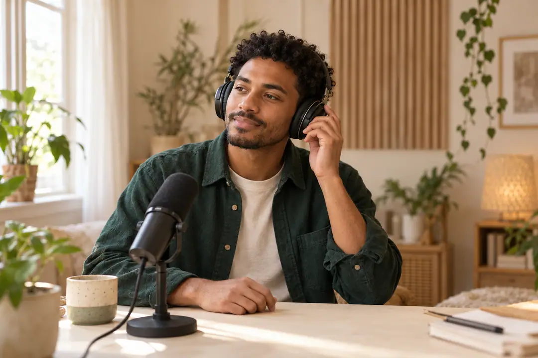 Illustrative full-face photograph of an adult musician listening with headphones beside a microphone; no screen or software interface