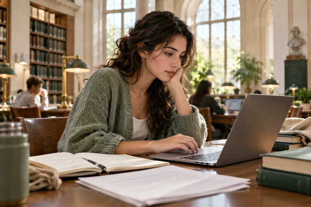 Illustrative photo of an adult student working on a written draft at a library